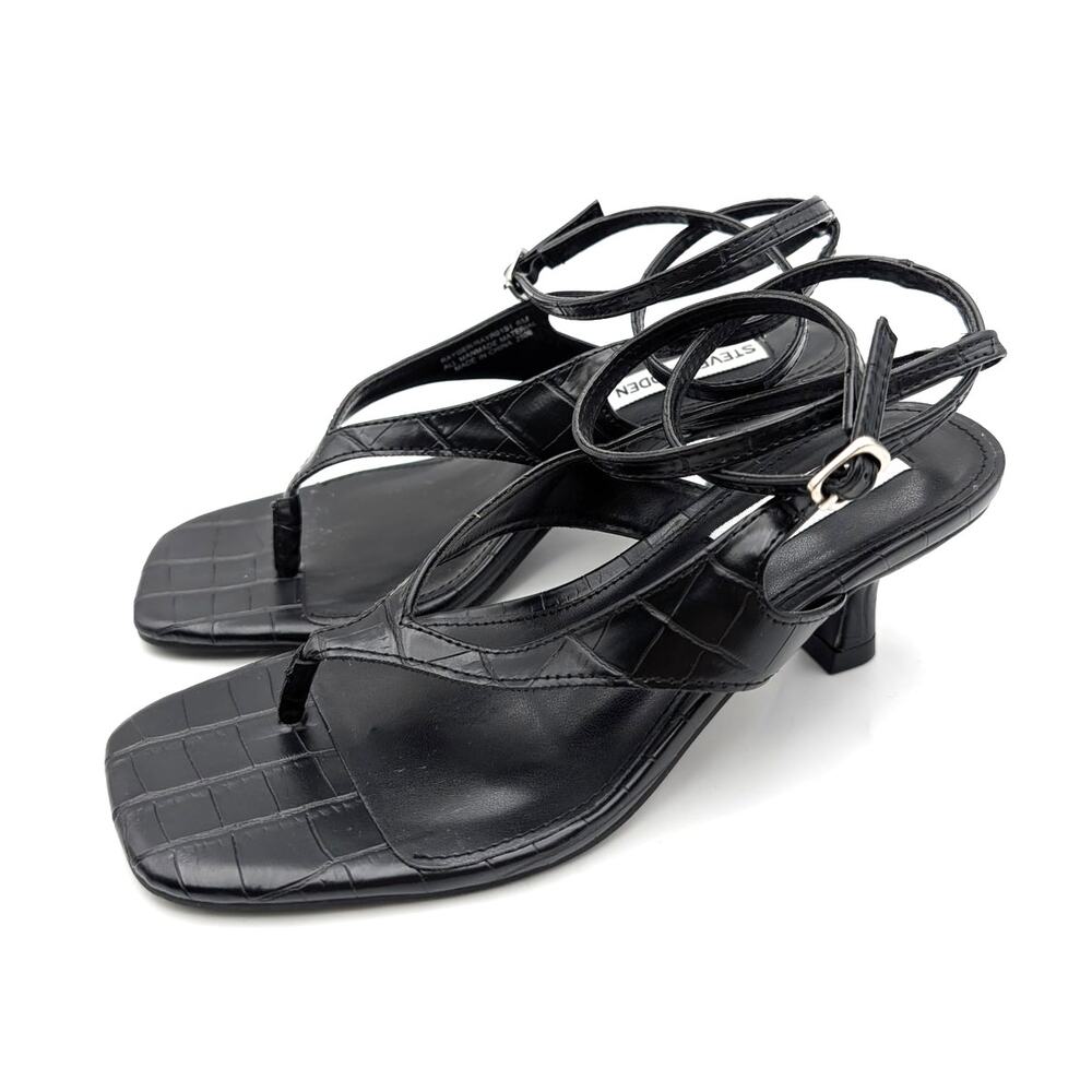 Steve Madden Rayger Ankle Strap Heel Sandal Women's Black Croc Size US6M EU36.5
